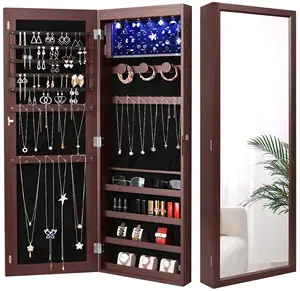 New Larger Capacity Brown 6 LEDs Wall Door Mounted Dressing Mirror Jewelry Armoire Organizer Cabinet with Full Length Mirror
