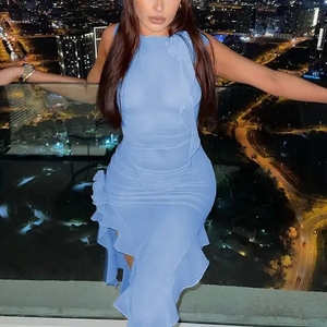 2024 su misura all'ingrosso estate Sexy del Club del partito senza maniche maglia <span class=keywords><strong>con</strong></span> volant vedere attraverso il lato <span class=keywords><strong>spacco</strong></span> abito <span class=keywords><strong>Midi</strong></span> aderente per le donne - Product Image 3