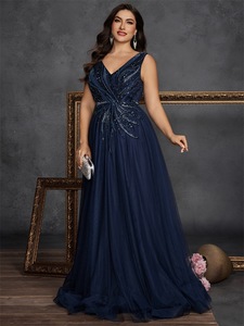 <span class=keywords><strong>Vestidos</strong></span> de Noche de Lujo Talla Grande LY2755D para Mujer, Sin Mangas, Cuello en V, Lentejuelas Bordadas, Adornados con Cuentas, Color Azul Marino, Vestido Formal para Fiesta - Product Image 5