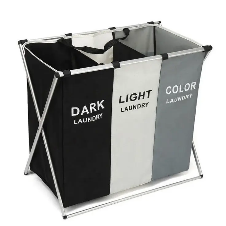Cesto plegable de 3 secciones para la ropa sucia del baño, cesta de almacenamiento con marco de aluminio