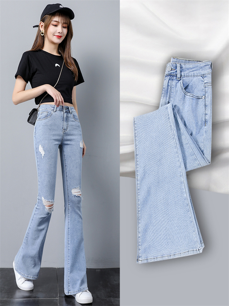 New Arrivals Fashion Loose Light Blue Denim Pants Wide Leg Ripped Jeans For Women