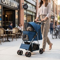Poussette pliable 4 roues pour animaux de compagnie, confortable, portable, imperméable, chariot de voyage avec fermeture éclair, panier de rangement respirant