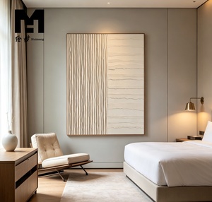 Cuadro de Lienzo Pintado a Mano, Arte Mural 3D con Textura de Rayas Beige en Relieve, <span class=keywords><strong>Pintura</strong></span> al Óleo Hecha a Mano Estilo Wabi Sabi con Marco, Decoración para el Hogar - Product Image 1