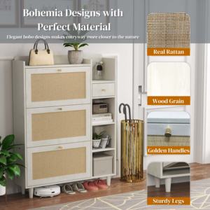 خزانة أحذية بوهيمية من صنرايز مع 3 أدراج قابلة للطي من الخيزران، و3 أرفف مربعة، ودرج واحد، منظم أحذية مع خطافات للمدخل - Product Image 5