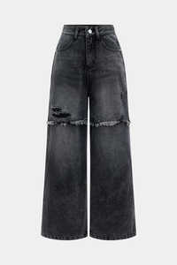 Damen XL Größe Baggy Mid-Waist Denim <span class=keywords><strong>Jeans</strong></span> Hosen Lose atmungsaktive breite Beine benutzer definierte Großhandel gestickte Knopf gewaschen gestrickt - Product Image 4