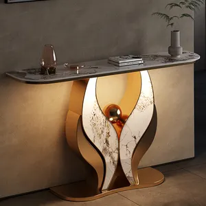 Moq高級ミニマリストリビングルーム家具エレガントな焼結石トップゴールドメタルLEDコンソールテーブル