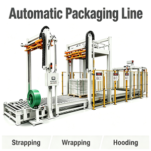 Ligne d'emballage automatique de palettes avec système intégré de cerclage, d'emballage et de protection pour l'emballage de marchandises en entrepôt - Product Image 1