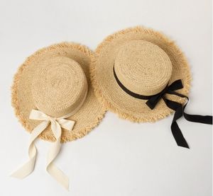 W645 Sombrero de paja plano de primavera y verano para niños, nuevo estilo con borde cepillado, lazo de rafia, sombrero de Sol de moda para viajes al aire libre - Product Image 3