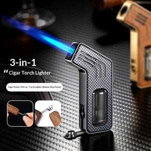 Briquet à flamme jet <span class=keywords><strong>3</strong></span> en 1 avec perforateur de cigares et aiguille, briquet à cigares au butane coupe-vent - Product Image 2