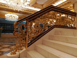 Sang Trọng Trong Nhà Cầu Thang Lan Can Trang Trí Công Phu Mạ Vàng Rèn Sắt Lan Can Với Hoa Chạm Khắc - Product Image 5