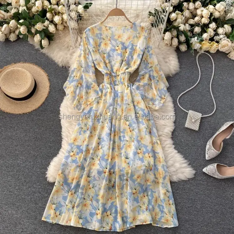 Seduno Custom Summer 2022 new style fashion Elegant Flower v neck Women dress midi Floral Dresses