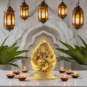PARIJAT Handmade Brass Baby Krishna on <b>Leaf</b> <b>Wall</b> Hang Idol 15 x 10 x 6 cm Golden for Living Room or Restaurant <b>Decoration</b> - Product Image 3