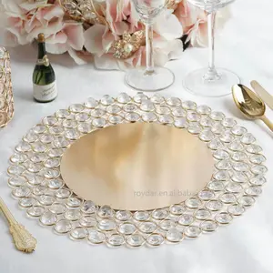 Assiette de présentation en perles de cristal acrylique en métal câblé doré 3 étages assiette en cristal de diamant assiette en verre dorée