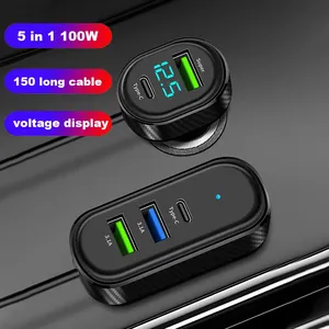 ที่ชาร์จในรถยนต์ 100W 5 in 1 พร้อมสายต่อ 1.5 ม. อะแดปเตอร์ชาร์จเร็ว รองรับการตรวจจับแรงดันไฟฟ้า ช่องเสียบ USB Type C ชาร์จเร็ว - Product Image 3