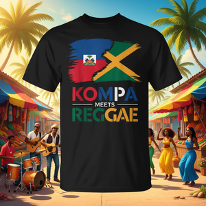 Camiseta Mitad Haitiana Mitad Jamaicana con Diseño de Bandera de Haití y Jamaica, Fusión Cultural de Kompa y Reggae - Product Image 3