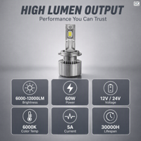 Phares LED de voiture H7 haute puissance 60W 6000K 600012000LM, montage universel 12V pour Hilux X5
