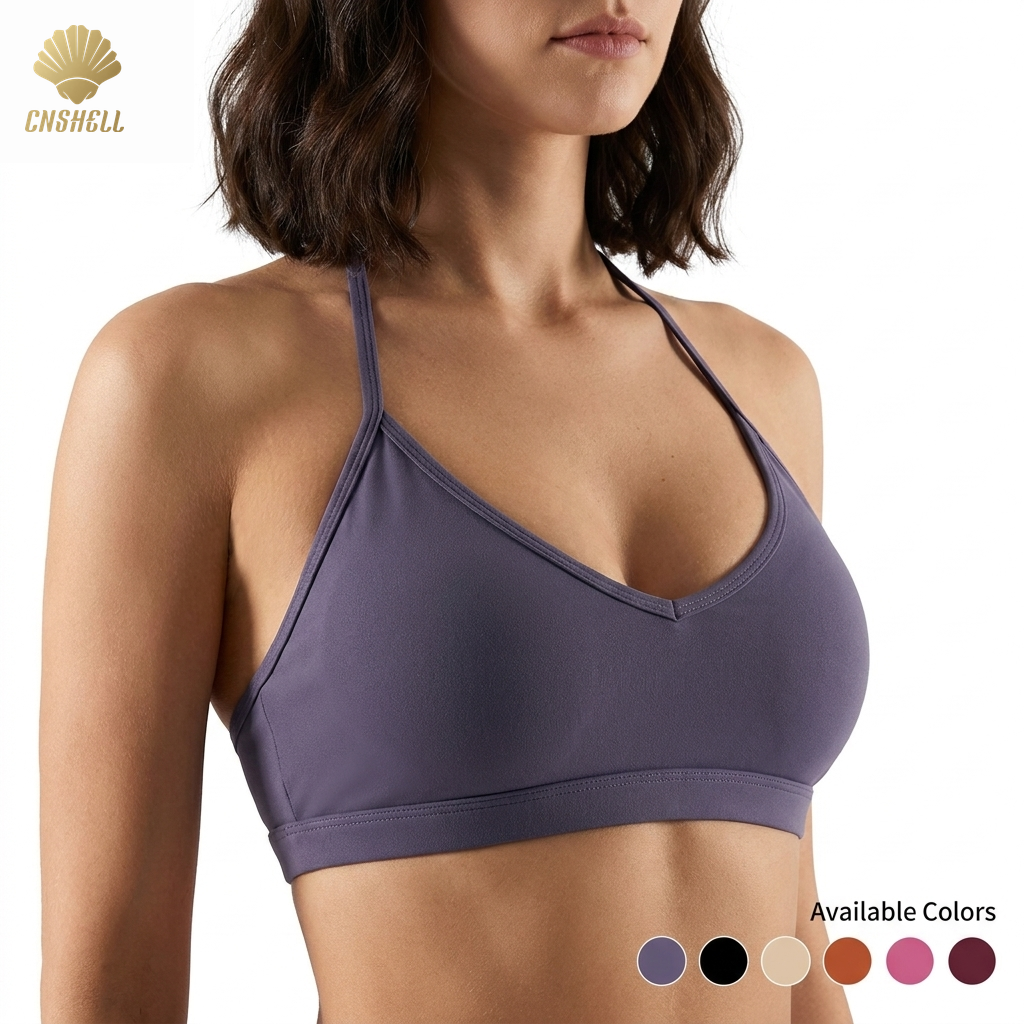 Removable Pads V Neck Halter Sports Bra Women Open Back Sweat Wicking Soft Touch Yoga Bra Private Label OEM Export Supplier