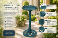 Horloge solaire à cadran solaire en résine verdigris, style antique, pour bain d'oiseaux, écologique, résistante à la rouille et aux intempéries, pour extérieur, sur piédestal, pour jardin