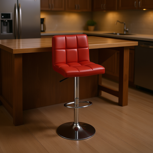 Taburete de Bar Moderno de Cuero Sintético Rojo, Altura Ajustable, Base Cromada, Silla para Barra de Cocina o Isla - Product Image 2