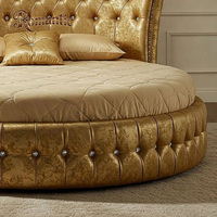 Lit rond élégant en cuir véritable doré à la française, vente d'usine, bois massif, intérieur en éponge, lit double king size