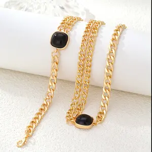CDD New Fashion Europe Cuba Chain Gold Plated Square Accessory Black Stone Necklace Double Chain Bracelet For Hip-hop Jewelry