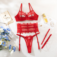 Lingerie Seksi Berenda 4Pcs Set, Bra dan Thongs Transparan dengan Renda Mewah, Set Garter, Pakaian Dalam Intim, Baru 1496