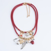 Collier vintage multicouche en cuir pour femme, avec pendentifs multiples (cœur, feuille, perle, strass), bijou de mode affirmé