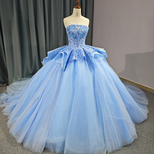 Robes de soirée pour femmes, style princesse moderne, bleu, avec des perles, des fleurs, une longue dentelle, des appliques en cristal, pour les fêtes et les quinceañeras - Product Image 4