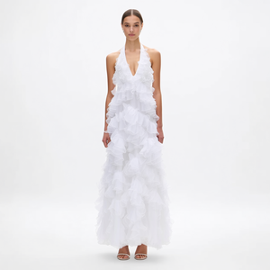 Nuovo Elegante Abito Lungo da Donna Bianco con Collo Halter, Scollo a V Profondo, Balze a Strati <span class=keywords><strong>in</strong></span> Organza <span class=keywords><strong>Trasparente</strong></span> e <span class=keywords><strong>Tulle</strong></span>, Linea ad A, Personalizzabile per Vacanze al Mare - Product Image 3