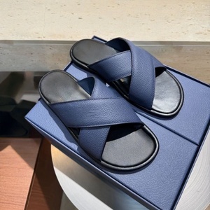 Blue Genuine Leather Cross-Strap <b>Slides</b> slippers Open Toe Fashion designer Slippers Anti-Slippery Rubber Outsole EVA Midsole - Product Image 1