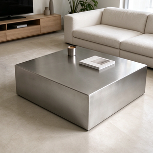 Table basse rectangulaire en acier inoxydable de style industriel moderne avec étagère inférieure - Product Image 5