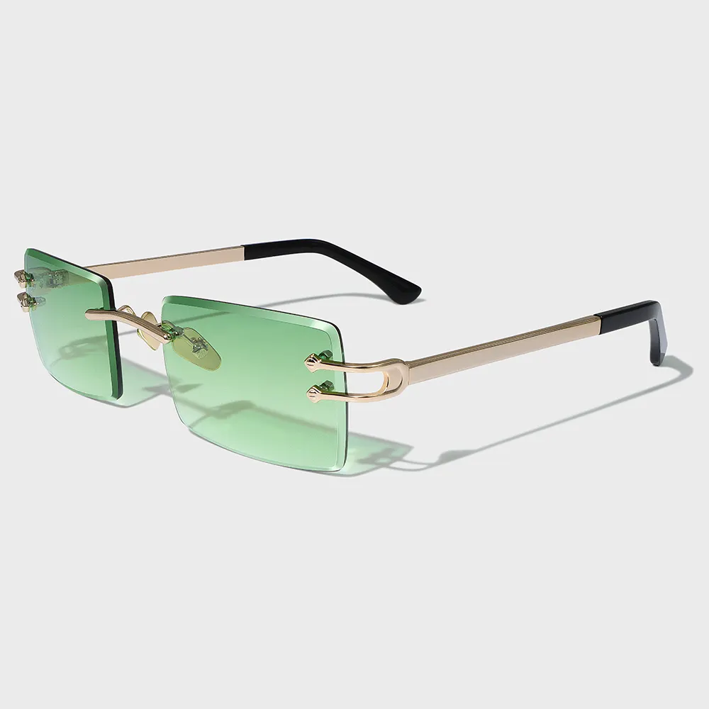 Yeetian kacamata hitam tanpa bingkai logam, kacamata hitam merek mewah persegi panjang gradien berlian hijau lensa nilon kustom kelas atas tanpa bingkai