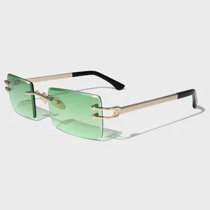 Yetische Mannen Luxe Merk Rechthoek Gradiënt Groene Diamant Gesneden Nylon Lens Custom High-End Frameloze Metalen Randloze Zonnebril