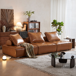 Vintage Piemonte Genuine Leather Modular Block Sofa Italian Minimal Combination Couch For Small Living Room Home - Product Image 2