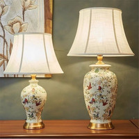 Lampe de table contemporaine à base en céramique avec motif floral et oiseaux, abat-jour en tissu plissé pour chambre à coucher, salon, bureau, villa