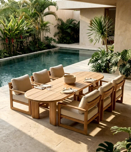 Ensemble de table de jardin en teck tropical en bois, mobilier de salle à manger d'extérieur, chaises rembourrées, sièges au bord de la piscine - Product Image 1