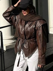 Veste en <span class=keywords><strong>cuir</strong></span> synthétique vintage européenne et américaine 2025 pour femmes, nouvelle tendance streetwear à lacets et col en V, tendance transfrontalière - Product Image 3