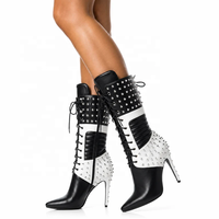 Nouvelle Arrivée 2026 – Bottines Stiletto Noires et Blanches à Lacets avec Clous Argentés pour Femme – Bottes Courtes d'Hiver 10 cm