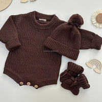 Combinaison en tricot pour bébé garçon nouveau-né avec bonnet et chaussettes, ensemble cadeau 3 pièces, hiver, couleur chocolat unie, combinaison en tricot épais, pulls