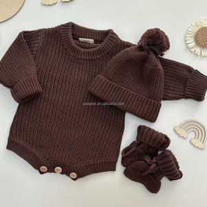 Combinaison en tricot pour bébé garçon nouveau-né avec bonnet et chaussettes, ensemble cadeau 3 pièces, <span class=keywords><strong>hiver</strong></span>, couleur chocolat unie, combinaison en tricot épais, pulls - Product Image 2