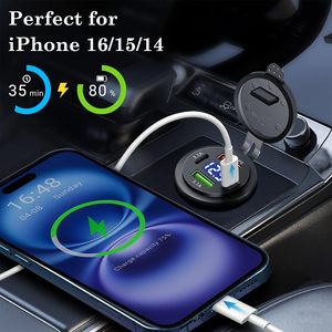Cargador Rápido de 12V con 4 Puertos USB-C PD y QC3.0 con Voltímetro para Auto, Bote, RV, Camión y Motocicleta - Product Image 3