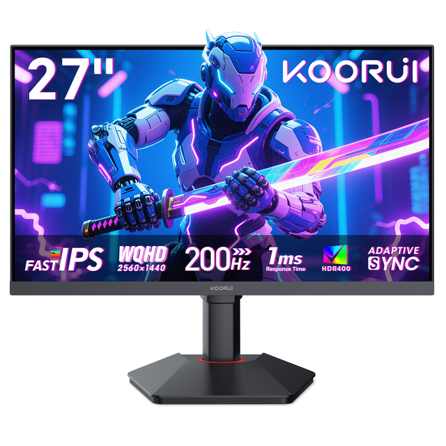 KOORUI 27 Inch QHD 2560 X 1440P Gaming Monitor 200Hz Monitor 1ms Fast IPS HDR400 Height Pivot Tilt Adjustability