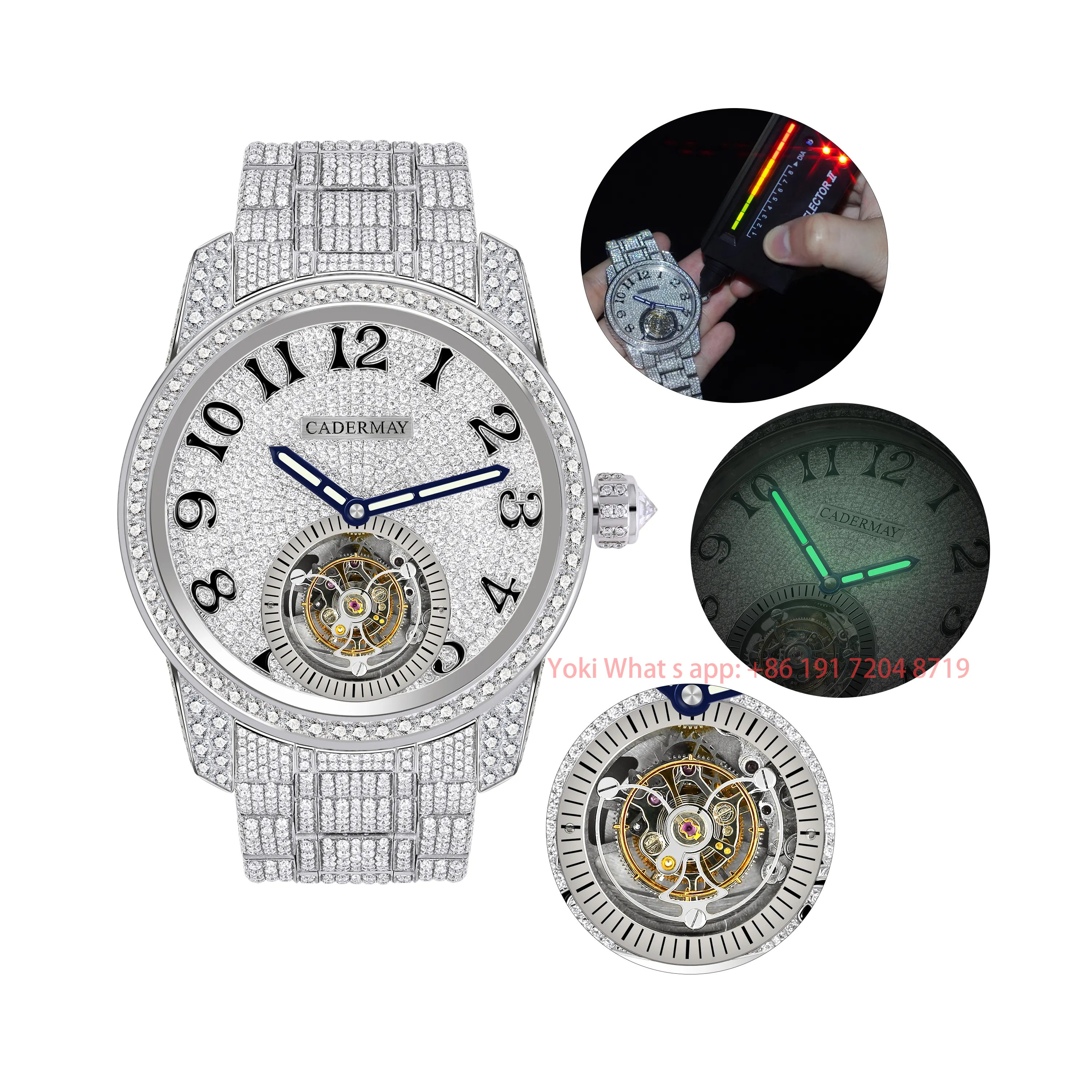 Cadermay Bust Down Horloge Luxe Moissanite Polshorloge Volledig Iced Out Vvs1 Moissanite Diamond 316l Automatische Tourbillon Horloge