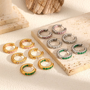 Pendientes de Aro Redondos con Incrustaciones de Diamantes, Acero Inoxidable, Unisex, Uso Diario, Diseño Geométrico, Engaste de Canal TE60203 G PK - Product Image 2