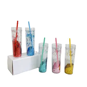新产品16盎司双壁透明丙烯酸塑料绝缘亮片闪光杯子，带盖和吸管