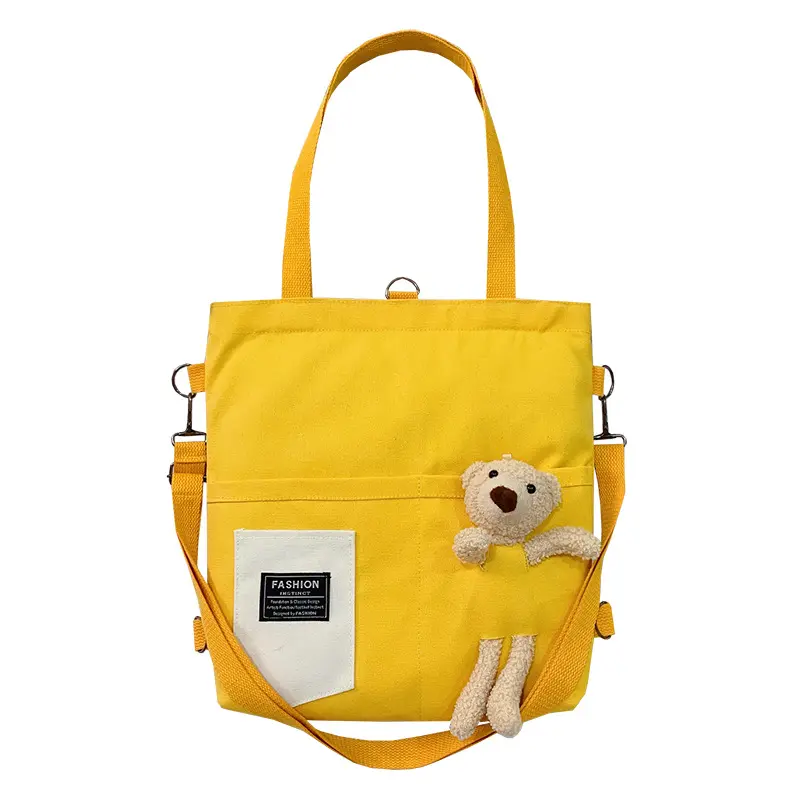 Big capacity cute bear student on one shoulder yellow doll canvas student tote bag