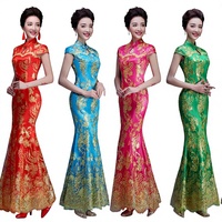 Robe de soirée longue traditionnelle chinoise pour femmes, style cheongsam, motif floral en dentelle, manches courtes, fibre de polyester, pour banquet, scène, qipao
