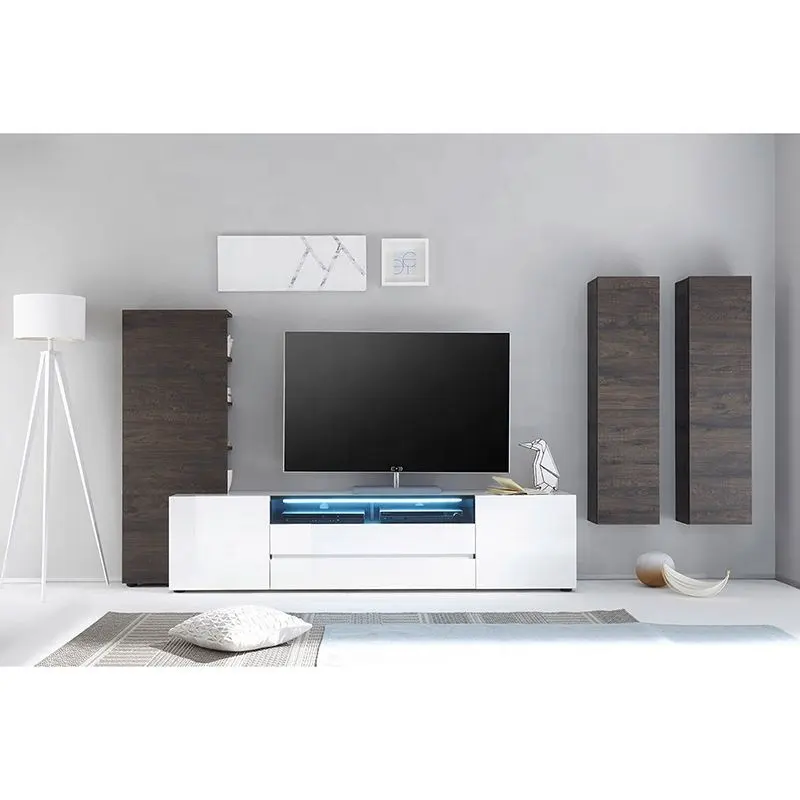 Meuble de salon NOVA 4 en 1, meuble de divertissement, blanc brillant, meuble TV Wenge, étagère avec LED