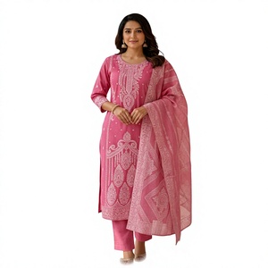 Pink Cotton <b>Kurta</b> Set With Dupatta Traditional <b>Indian</b> Pakistani Style Casual Wear Women's Ankle-Length Regular Fit - Product Image 1