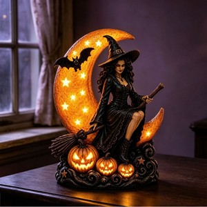 Figura Decorativa Luminosa de Resina con Diseño de Bruja Gótica y Luna, para Decoración de Mesa de Halloween, Dropshipping Shopify - Product Image 3